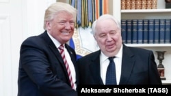 Орусиянын АКШдагы элчиси Сергей Кисляк (оңдо) президент Дональд Трамптын шайлоо штабынын өкүлдөрү былтыркы өнөктүк учурунда сүйлөшкөн орусиялык расмий өкүлдөрдүн бири катары аталып жүрөт. Сүрөт АКШ президенти Орусия тышкы иштер министри Сергей Лавров жана элчи Сергей Кисляк менен 10-майда Ак үйдө жолуккан учурда тартылган. 