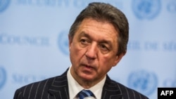 Ukrainian ambassador the UN Yuriy Serheyev speaks to the media after a UN Security Council meeting in New York, March 3.