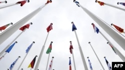 Flags of NATO members hang on their masts in Lisbon