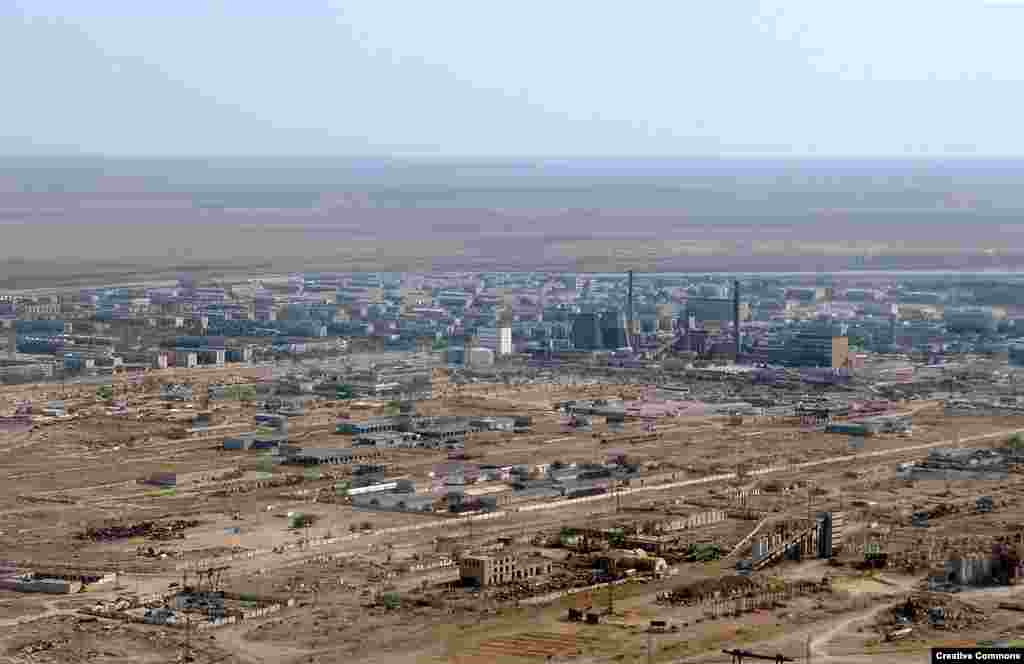 An aerial view of the town of Baikonur, which had a population of some 36,000 people in 2009. Virtually the entire town's economy is based on the space industry. Some 70 percent of the population were ethnic Russians during the Soviet period, most of the rest ethnic Kazakhs. That ratio has approximately reversed since the collapse of the Soviet Union.