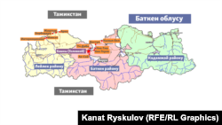 Кыргызстандын Баткен облусунун картасы. Базалык көрсөткүч Өзгөчө кырдаалдар министрлигинин сайтынан алынып, кошумчаланды. Белгилер болжолдуу коюлду. Жылдызча белги чыр чыккан "Башкы" ("Головной") суу бөлүштүрүүчү жайы, кызыл чекитчелер жабыр тарткан кыргыз айылдары.