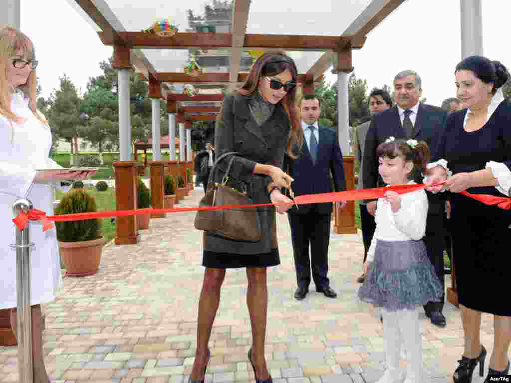 Aliyeva, who has used her role as first lady to support a wide range of charities, opening a newly rebuilt education facility in Azerbaijan.