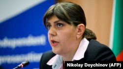 EU chief prosecutor Laura Koevesi speaks to reporters in Sofia on June 11. 