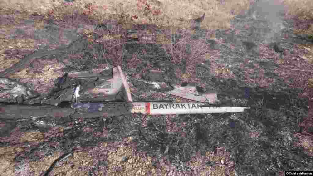 A charred fragment of a Turkish-made Bayraktar drone after the aircraft was reportedly shot down on November 8. 