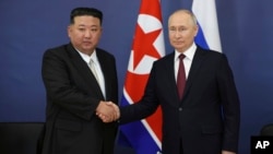 Лідери Росії і Північної Кореї Володимир Путін і Кім Чен Ин під час зустрічі в Амурській області РФ, 13 вересня 2023 року