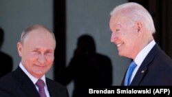 Russian President Vladimir Putin (left) and U.S. President Joe Biden before their summit meeting in Geneva on June 16. 