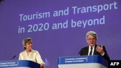 Potpredsednica EK Margaret Vestager i komesar za unutrašnje tržište EU Tijeri Breton (Thierry Breton) na predstavljanju mera u Briselu, 13. maja 2020
