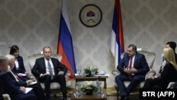 Ministar inostranih poslova Rusije Sergej Lavrov (lijevo u centru) i član Predsjedništva Bosne i Hercegovine Milorad Dodik (desn u centru), Istočno Sarajevo, 14. decembar 2020. godine