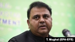 Fawad Chaudhry, newly appointed minister for information, speaks to journalists during a press conference in Islamabad in August 2018.
