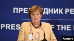 Германският канцлер Ангела Меркел по време на пресконференция в Белград, Сърбия, на 13 септември 2021 г.