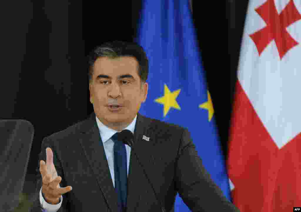 Tbilisi, 8 fevral 2013. Saakashvili prezident sarayında çıxış edir