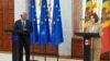 Președintele Consiliului European, Antonio Costa, și președinta Republicii Moldova, Maia Sandu, la o conferință comună pe 3 martie, la Chișinău.
