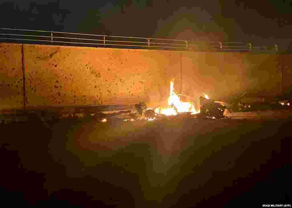 Soleimani was killed in a U.S. air strike on two vehicles at Baghdad's international airport on January 3. The Iraqi military posted a photo on Facebook showing a vehicle in flames following the strike.