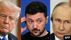 Дональд Трамп, Уладзімір Зяленскі, Уладзімір Пуцін (зьлева направа), каляж