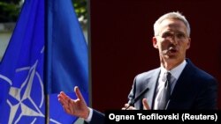 Генералниот секретар на НАТО, Јенс Столтенберг на прес конференција во Скопје на 6 септември 2018