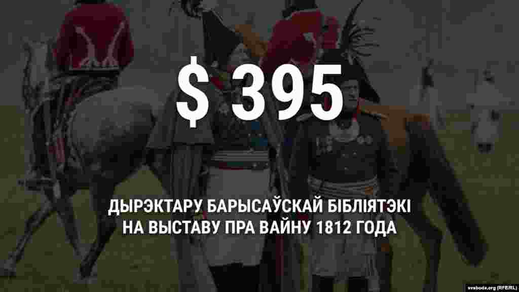 Студзень 2017 году. 775 рублёў (395 даляраў) Лукашэнка выдзяляе асабіста дырэктару Барысаўскай цэнтральнай раённай бібліятэкі Галіне Сьлесарэнцы на «распрацоўку і рэалізацыю наватарскага праекту «1812 год. Барысаў, Беразіна, Памяць...» У абгрунтаваньні гранта гаварылася, што ён будзе спрыяць папулярызацыі беларускай гісторыі і культуры.