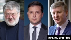 Комбіновано фото. Зліва направо: Ігор Коломойський, Володимир Зеленський, Рінат Ахметов 