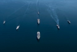 NATO ships sail in formation during Boltops 20 exercises in the Baltic Sea on June 8.