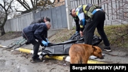 Із тротуара у Бучі забирають тіло чоловіка, який їхав на велосипеді і був розстріляний посеред вулиці 