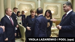Украина, Орусия, Франция жана Германиянын лидерлери. Минск, 11-февраль, 2015-жыл