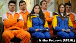 Members of Bosnia-Herzegovina's 2014 Winter Olympic team: Igor Laikert, Zana Novakovic, and Tanja Karisik (front row, left to right)