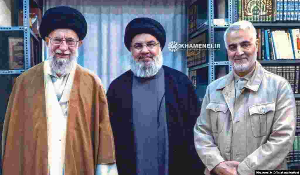 Soleimani appearing with Hizballah chief Hassan Nasrallah and Iranian Supreme Leader Ayatollah Ali Khamenei (left). Soleimani helped Iran strengthen its ties with Hizballah in Lebanon. Soleimani said he advised Hizballah during the 34-day war with Israel in 2006. More than 1,200 Lebanese and 160 Israelis were killed in the conflict.