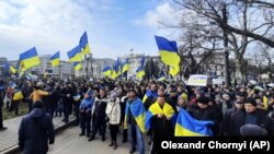 Праўкраінскі мітынг у Херсоне пасьля расейскай акупацыі гораду, сакавік 2022