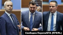 Лидерът на "Възраждане" Костадин Костадинов, новият външен министър Георг Георгиев (ГЕРБ-СДС) и депутатът от "Възраждане" Цончо Ганев. Колаж