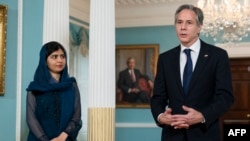 Malala Yousafzai with U.S. Secretary of State Antony Blinken in Washington D.C. on December 6.