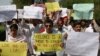 Students from Peshawar University protest to condemn the killing of Abdul Wali Khan university student Mashal Khan, after he was accused of blasphemy, during a protest in Peshawar on April 19.