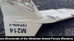 Part of an unmanned aerial vehicle, described by the Ukrainian military leadership as an Iranian suicide drone, which was shot down near the city of Kupyansk in Ukraine's Kharkiv Oblast earlier this month.