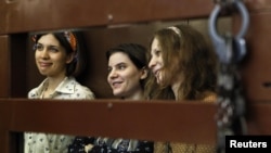 Members of Pussy Riot at the trial in Moscow on August 7.