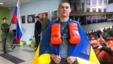 Collage. Vladislav Rudenko from Kherson. In the background: Ukrainian schoolchildren under occupation with the flag of the Russia and weapon