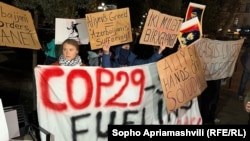 Activista de mediu suedeză Greta Thunberg (stânga) protestează la Tbilisi pe 11 noiembrie împotriva COP 29 care are loc la Baku, în Azerbaidjan.